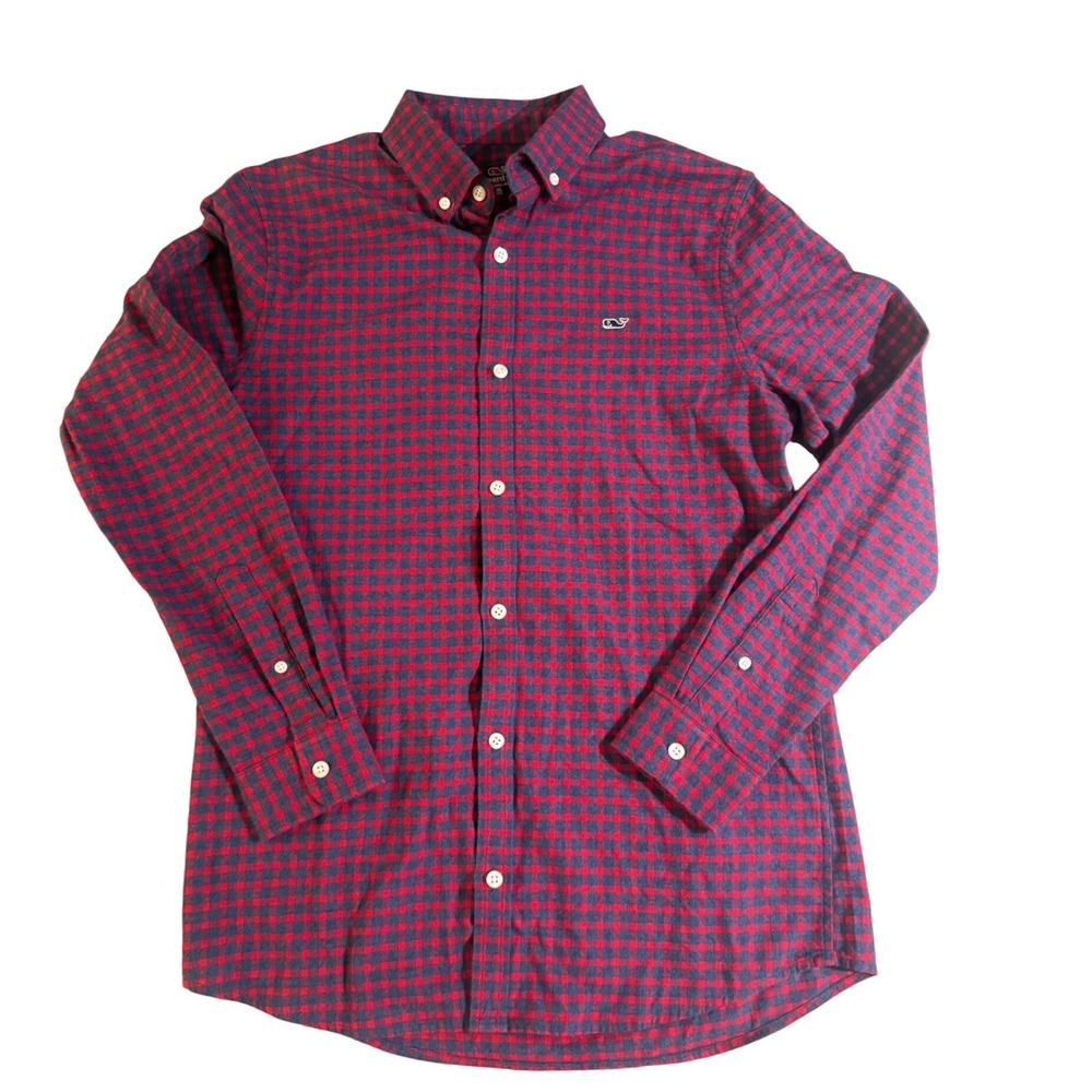 Vineyard Vines Boys XL 18 Gingham Button Down Shirt Red Navy Blue Whale Logo